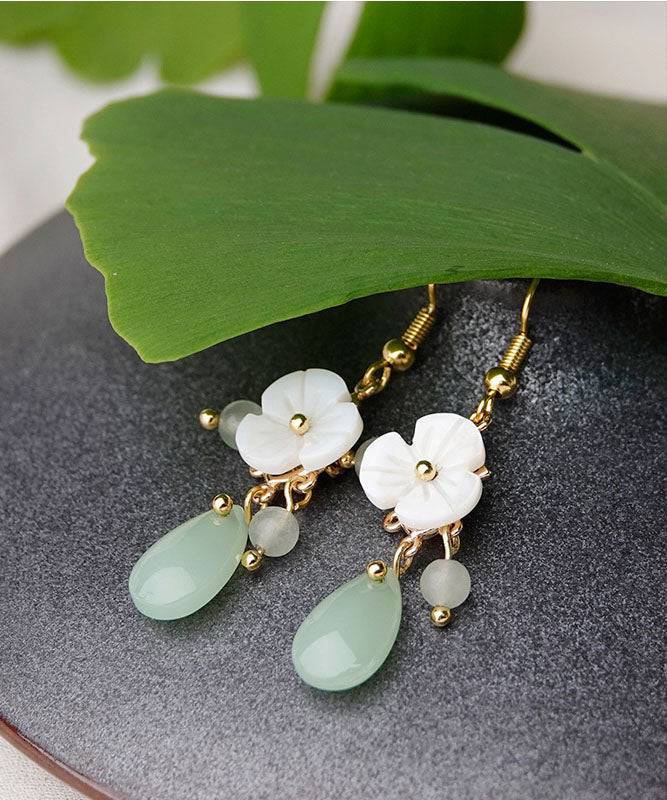 Boutique White Flower Jade 14K Gold Drop Earrings
