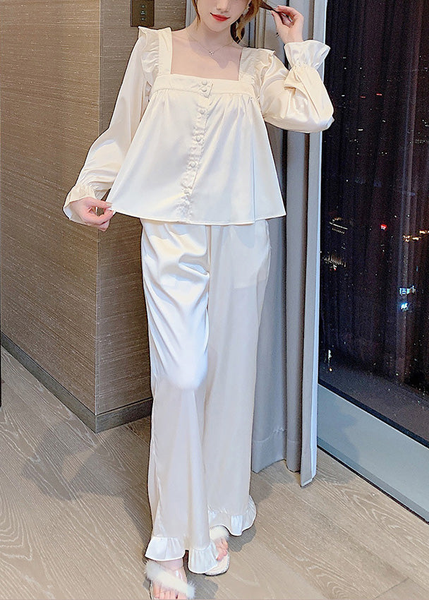 Brief Beige Square Collar Ruffled Button Solid Ice Silk Pajamas Two Pieces Set Long Sleeve