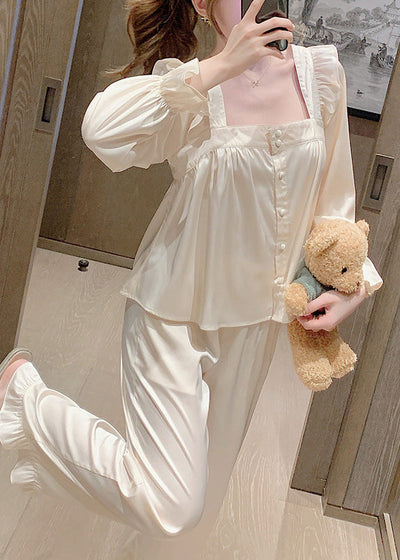 Brief Beige Square Collar Ruffled Button Solid Ice Silk Pajamas Two Pieces Set Long Sleeve