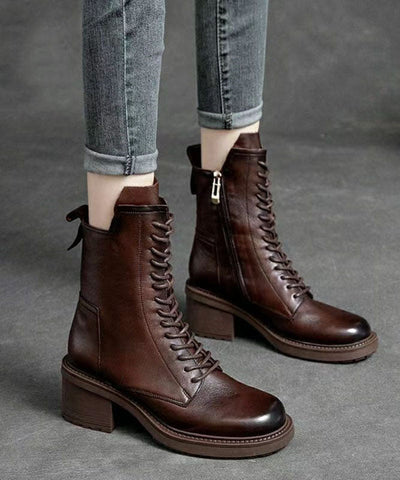 Brown Cowhide Leather Boots Lace Up Zippered Motorcycle Boots