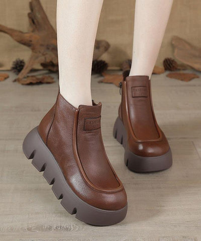 Brown zippered Platform Cowhide Leather Boots Splicing Boots