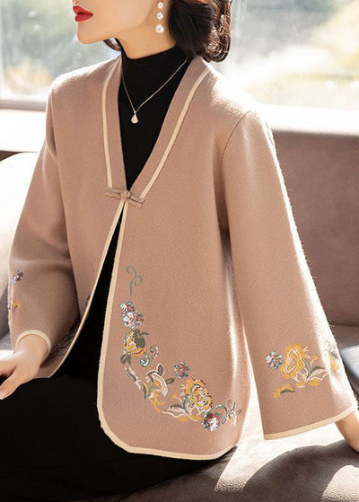 Camel Oriental Woolen Coat Outwear V NeckEmbroideried Long Sleeve