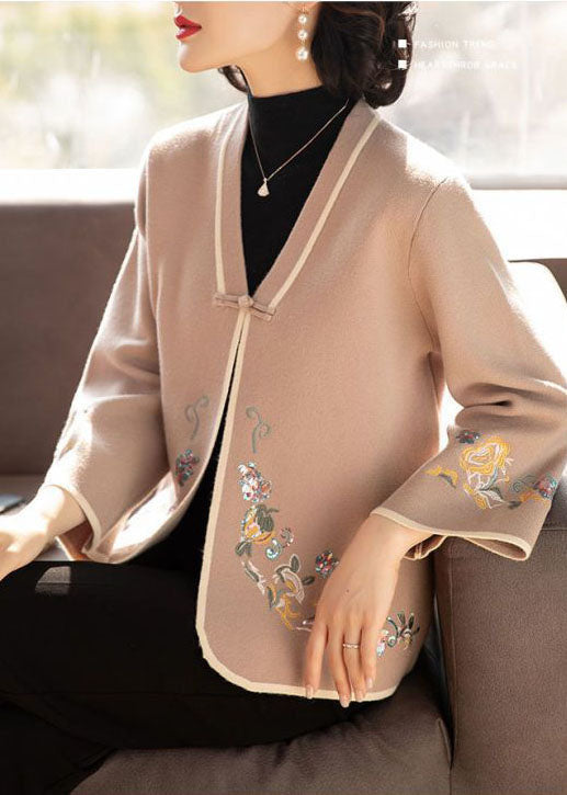 Camel Oriental Woolen Coat Outwear V NeckEmbroideried Long Sleeve