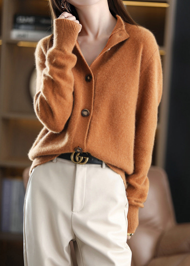 Caramel O-Neck Button Woolen Cardigan Long Sleeve