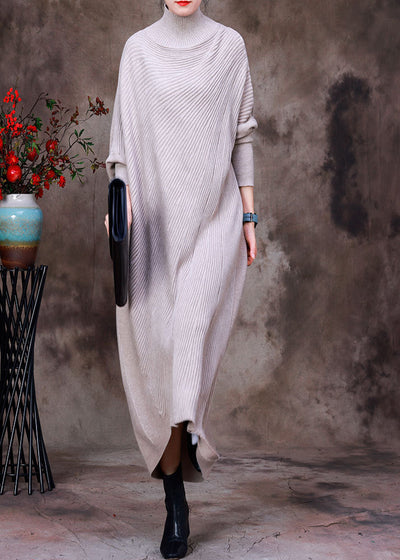 Casual Apricot Turtleneck Low High Design Woolen Knit Ankle Sweater Dress Long Sleeve