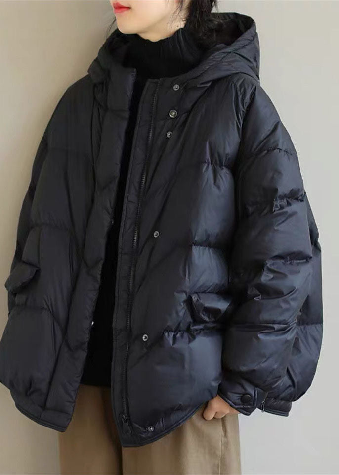 Casual Black Hooded Drawstring Duck Down Puffer Jacket Winter