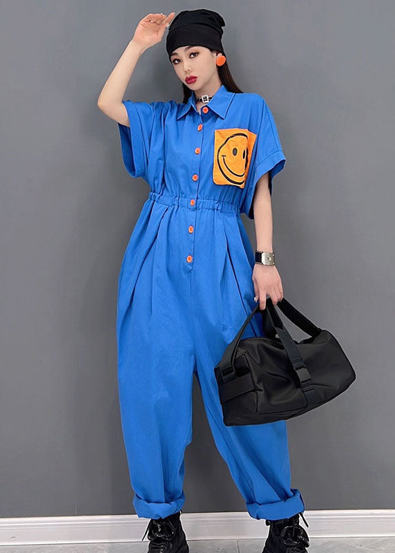 Casual Blue Turn-down Collar Drawstring Smile Applique Button Cotton Overalls Jumpsuit Short Sleeve