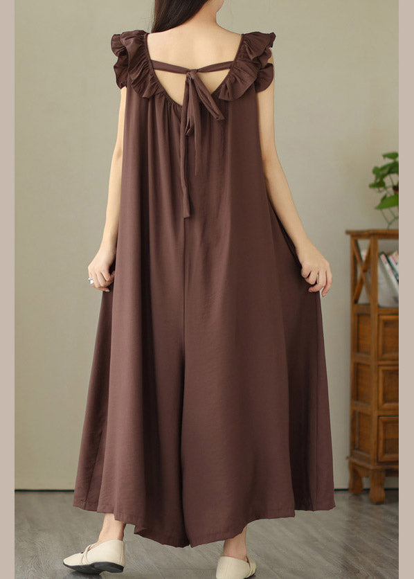 Casual Coffee O-Neck Ruffled Wide Leg Jumpsuit Summer