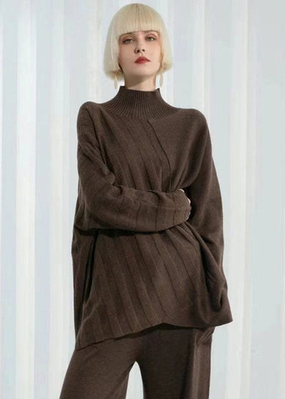 Casual Dark Khaki Turtle Neck Thick Asymmetrical Design Wool Sweater Long Sleeve