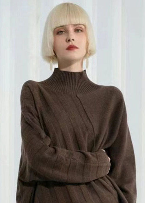 Casual Dark Khaki Turtle Neck Thick Asymmetrical Design Wool Sweater Long Sleeve
