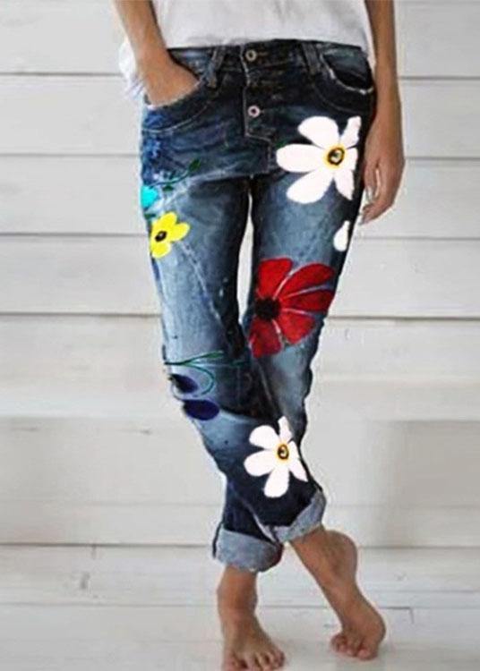 Casual Flower Print Button Denim Long Jeans For Women