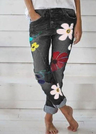 Casual Flower Print Button Denim Long Jeans For Women