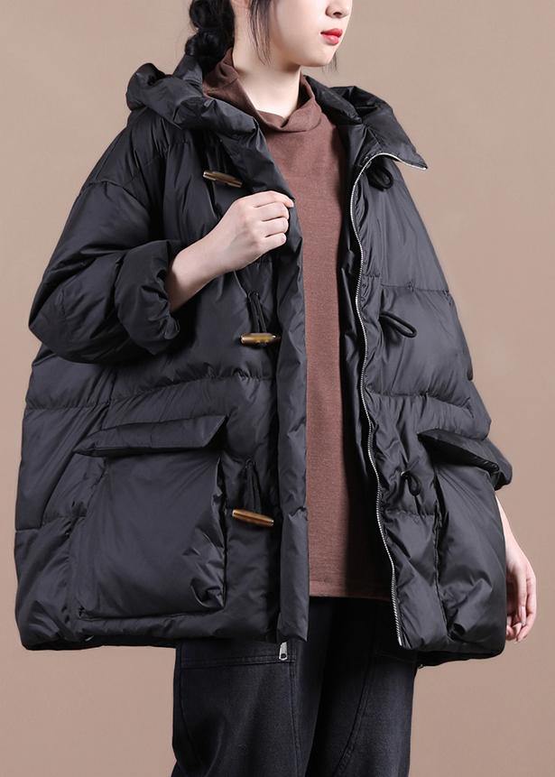 Casual Loose Fitting Womens Parka Overcoat Black Hooded Pockets Cotton Coat