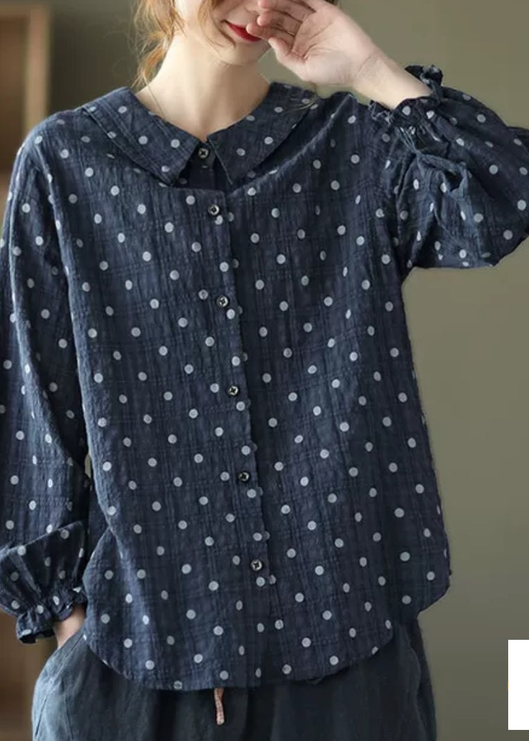 Casual Navy Button Peter Pan Collar dot Print Shirt Top lantern sleeve