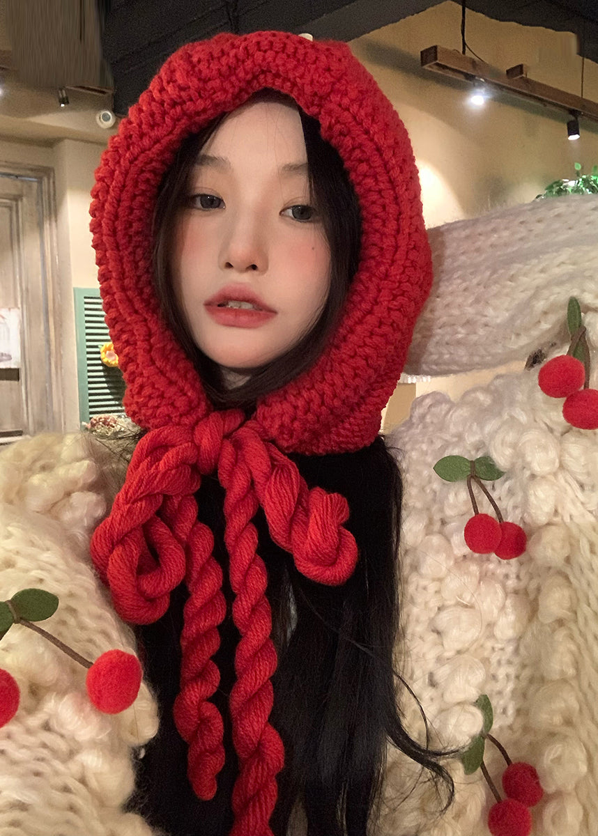 Casual Red Tassel Cable Knit Bonnie Hat