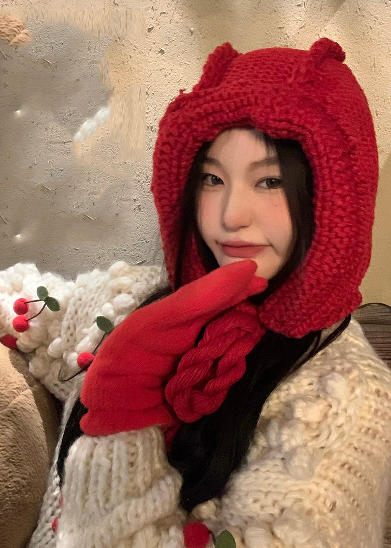 Casual Red Tassel Cable Knit Bonnie Hat