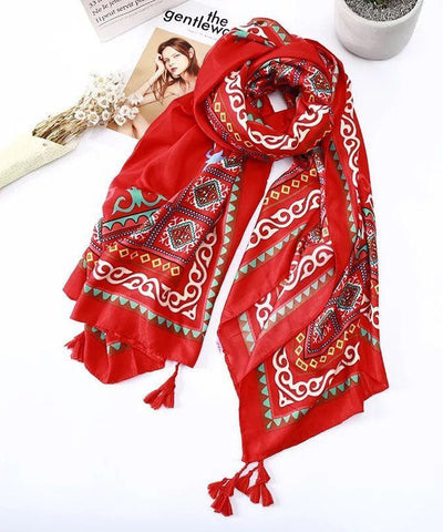 Casual Red Tasseled Print Cotton Travelling Scarf