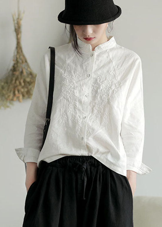 Casual White Stand Collar button Embroideried Shirt Top Long Sleeve