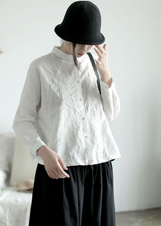 Casual White Stand Collar button Embroideried Shirt Top Long Sleeve