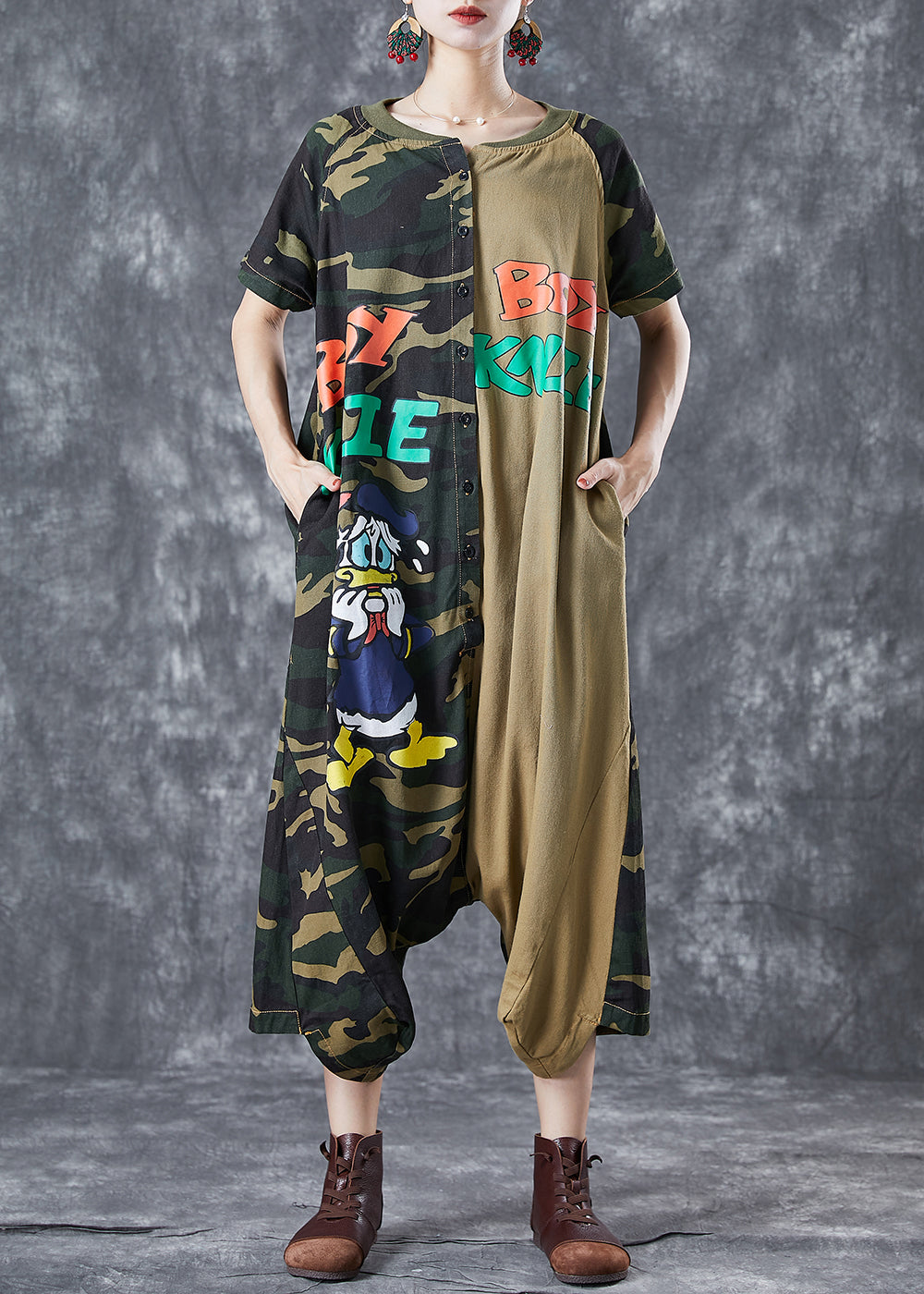 Chic Camouflage Oversized Patchwork Appliques Cotton Jumpsuits Summer
