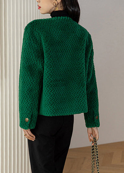 Chic Green O-Neck Button Woolen Coat Long Sleeve