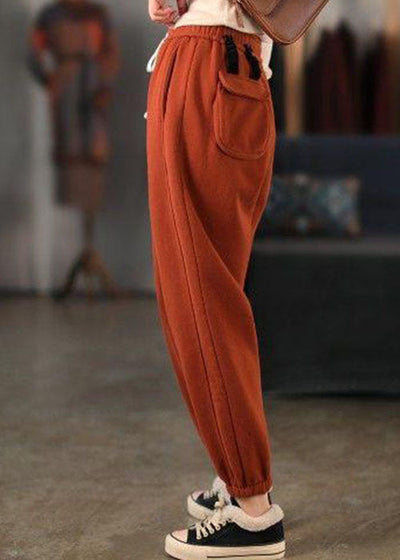 Chic Orange Cinched Pockets Warm Fleece Pants Winter