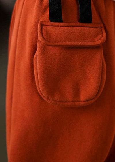 Chic Orange Cinched Pockets Warm Fleece Pants Winter