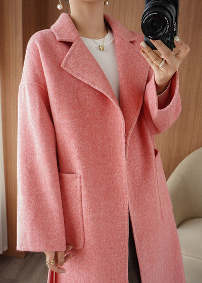 Chic Pink Notched Tie Waist Woolen Maxi Coat Fall