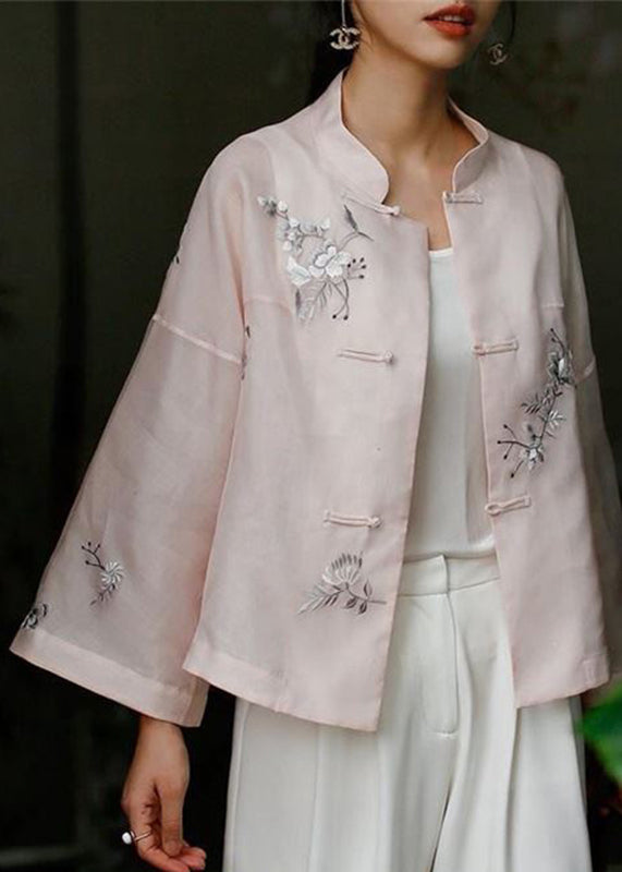 Chic Pink Stand Collar Embroideried Floral Button Top Long Sleeve