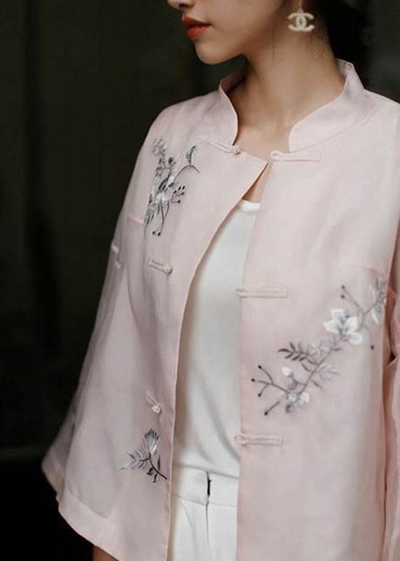 Chic Pink Stand Collar Embroideried Floral Button Top Long Sleeve