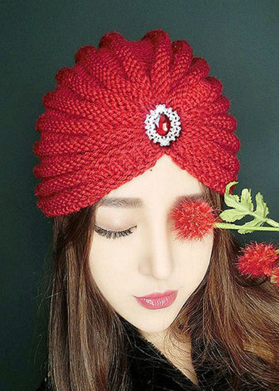 Chic Red Gem Stone Patchwork Knit Bonnie Hat