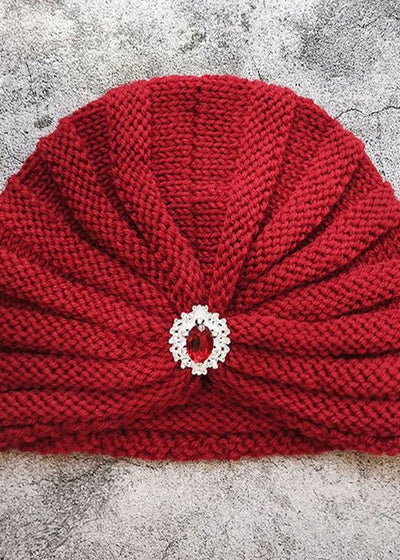 Chic Red Gem Stone Patchwork Knit Bonnie Hat