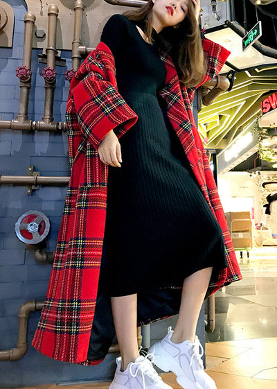 Chic Red Plaid Patchwork Woolen Coat Spring
