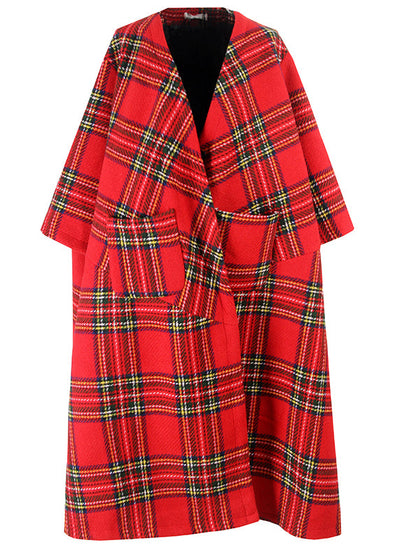 Chic Red Plaid Patchwork Woolen Coat Spring