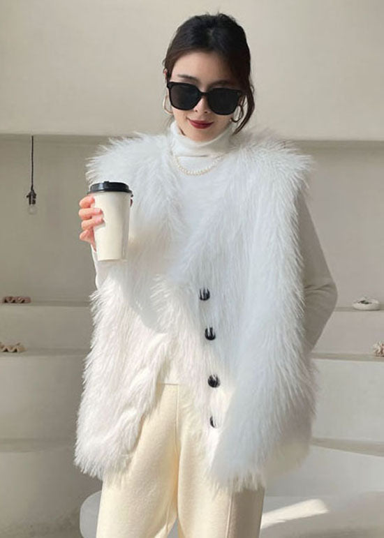 Chic White Button Fuzzy Fur Tops Sleeveless waistcoat