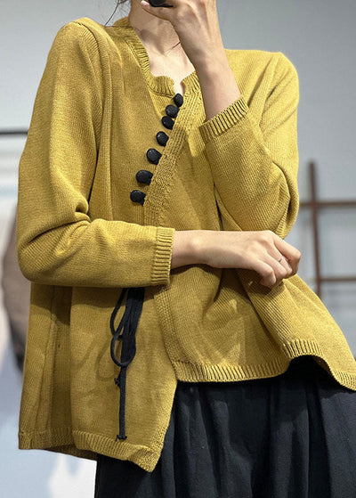 Chic Yellow Asymmetrical Design Lace Up Knit Sweater Tops