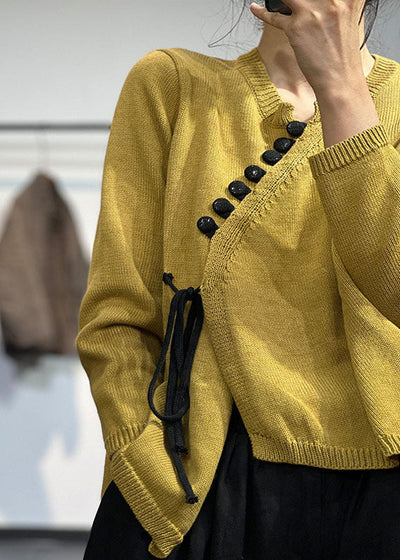 Chic Yellow Asymmetrical Design Lace Up Knit Sweater Tops