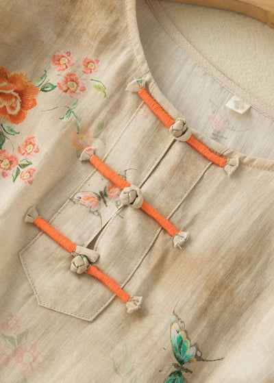 Chinese Style Apricot O-Neck Print Oriental Button Side Open Linen Shirt Top Bracelet Sleeve