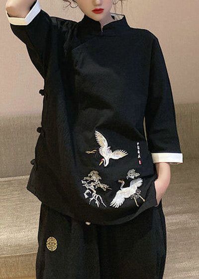 Chinese Style Black Stand Collar Embroideried Linen tops Three Quarter sleeve