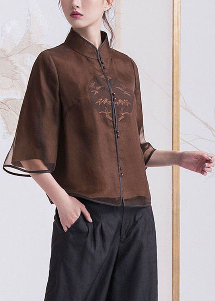 Chinese Style Brown button Stand Collar Silk coats Half Sleeve