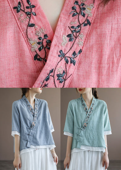 Chinese Style Lake Blue V Neck Double-deck Cotton Top Half Sleeve