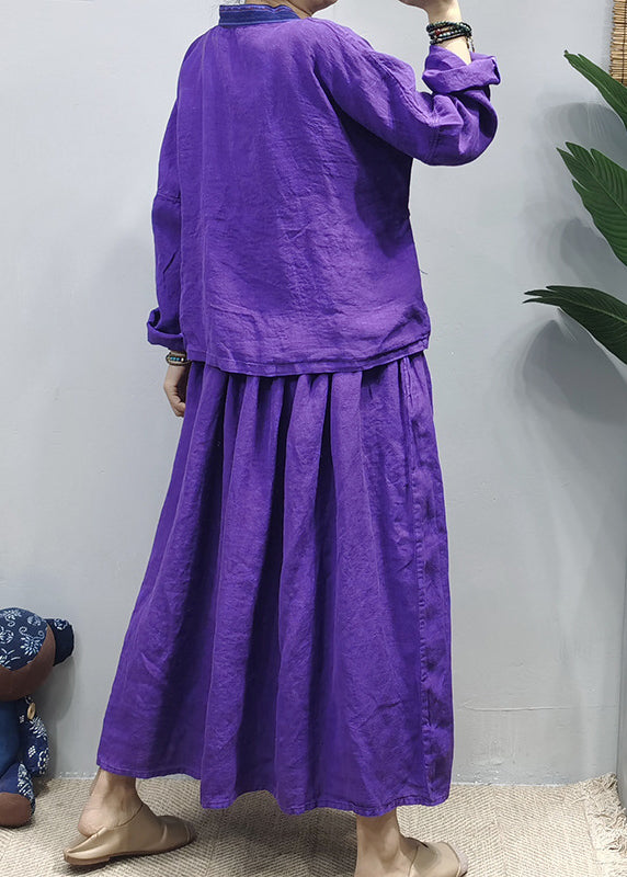 Chinese Style Purple tie waist Patchwork Linen Shirt Top A Line Skirt Two Piece Suit Set Long Sleeve