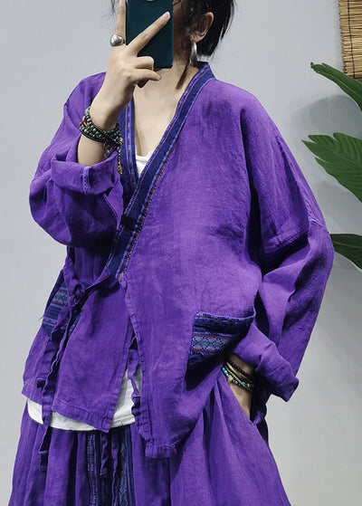 Chinese Style Purple tie waist Patchwork Linen Shirt Top A Line Skirt Two Piece Suit Set Long Sleeve