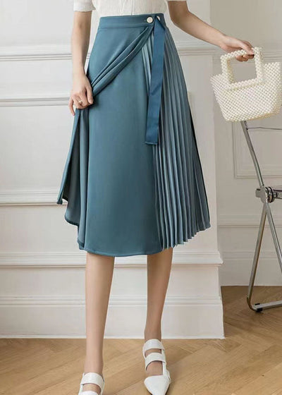 Classy Blue Wrinkled Asymmetrical Patchwork Cotton Skirts Spring