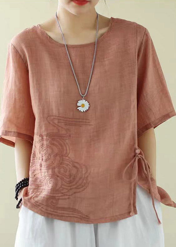 Classy Orange O-Neck Embroideried Drawstring low high design Cotton Tops Short Sleeve