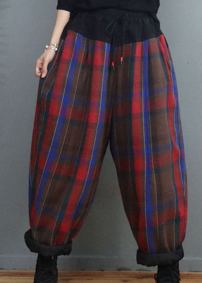 Classy Red Blue Plaid Cinched Fine Cotton Filled Pants Winter