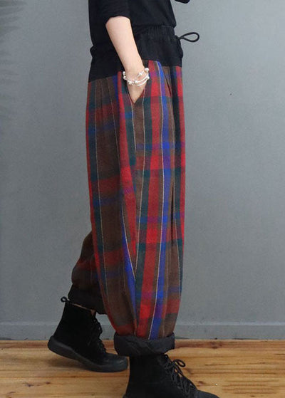Classy Red Blue Plaid Cinched Fine Cotton Filled Pants Winter