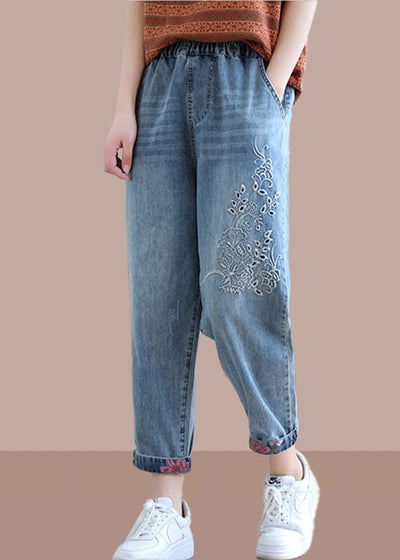 Classy Denim Blue Pant Spring Elastic Waist Embroidery Work Outfits Women Trousers