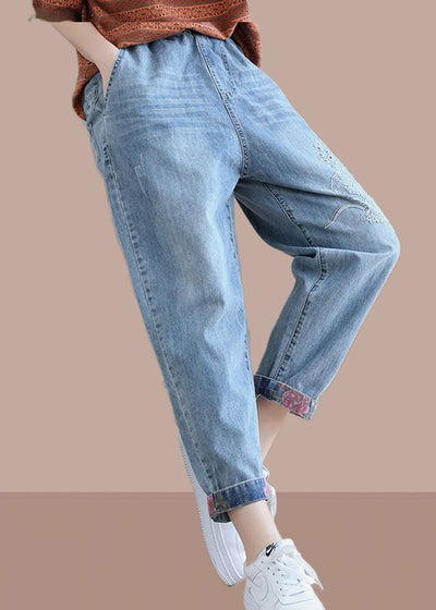 Classy Denim Blue Pant Spring Elastic Waist Embroidery Work Outfits Women Trousers