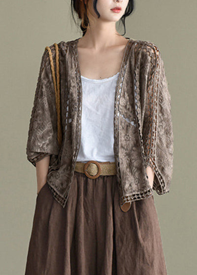 Coffee Cardigans Hollow Out Embroideried Batwing Sleeve